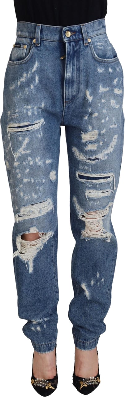 Dolce & Gabbana Blue Washed Cotton Tattered Denim Jeans Blauw