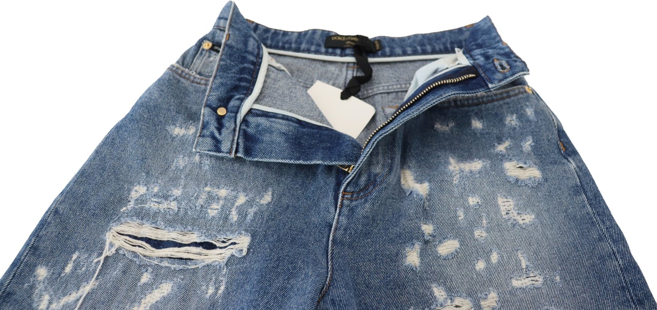 Dolce & Gabbana Blue Washed Cotton Tattered Denim Jeans Blauw