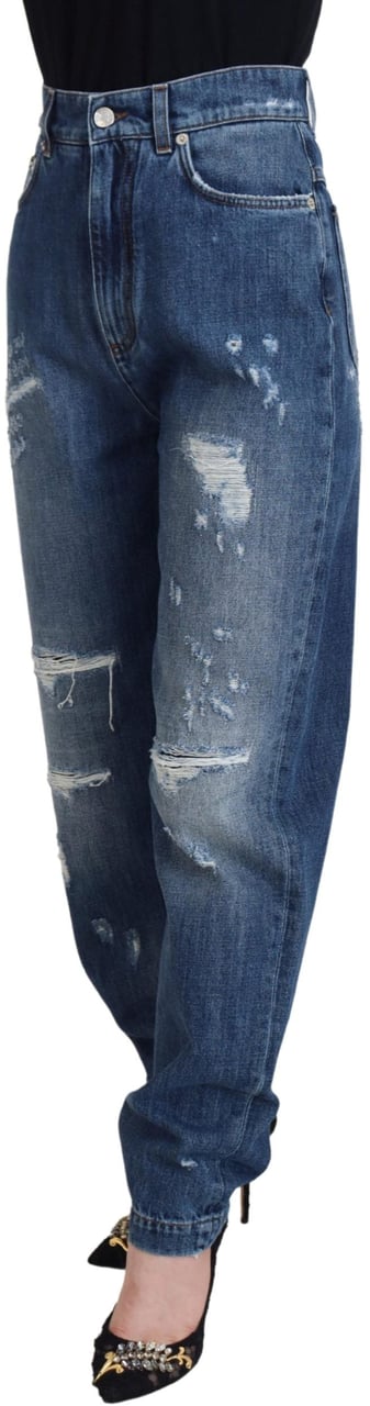 Dolce & Gabbana Blue Washed Cotton Tattered Denim Jeans Blauw