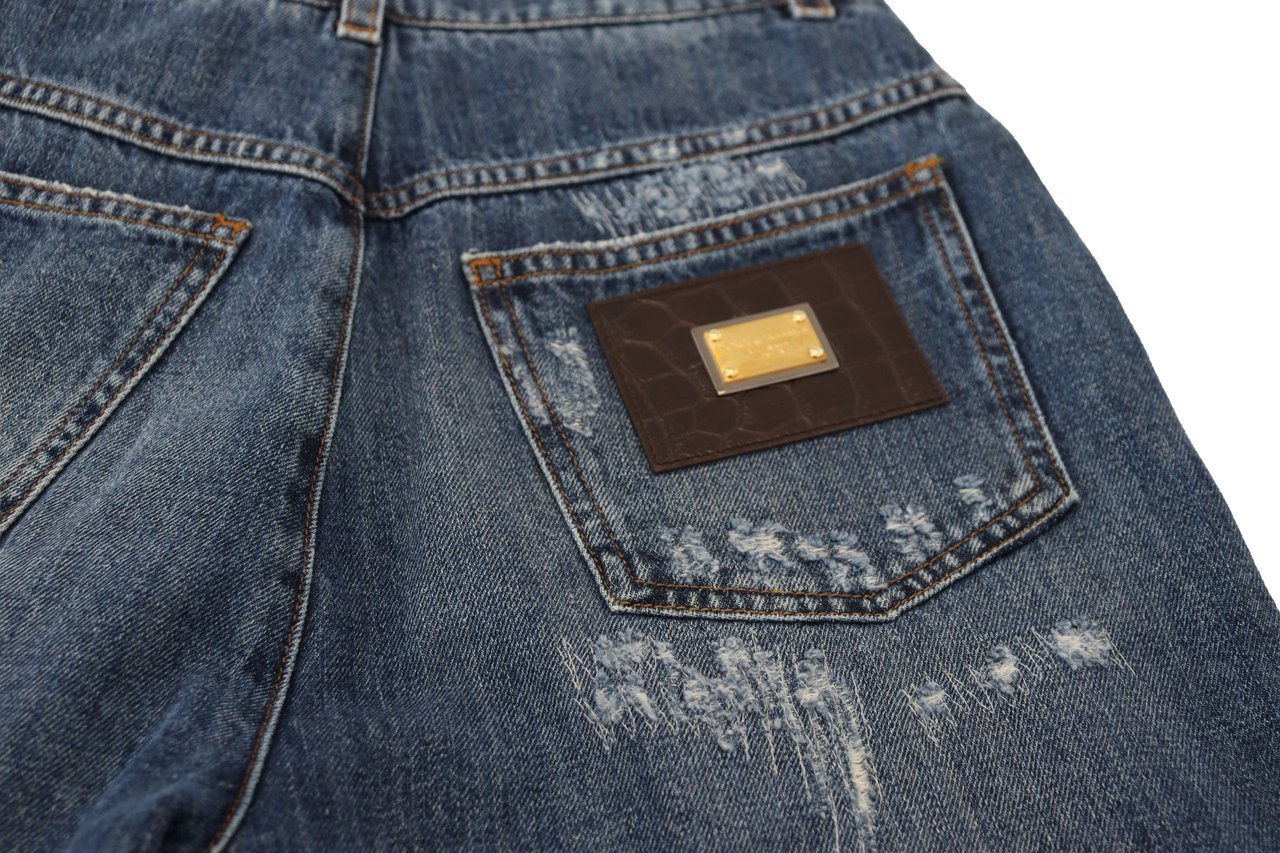 Dolce & Gabbana Blue Washed Cotton Tattered Denim Jeans Blauw
