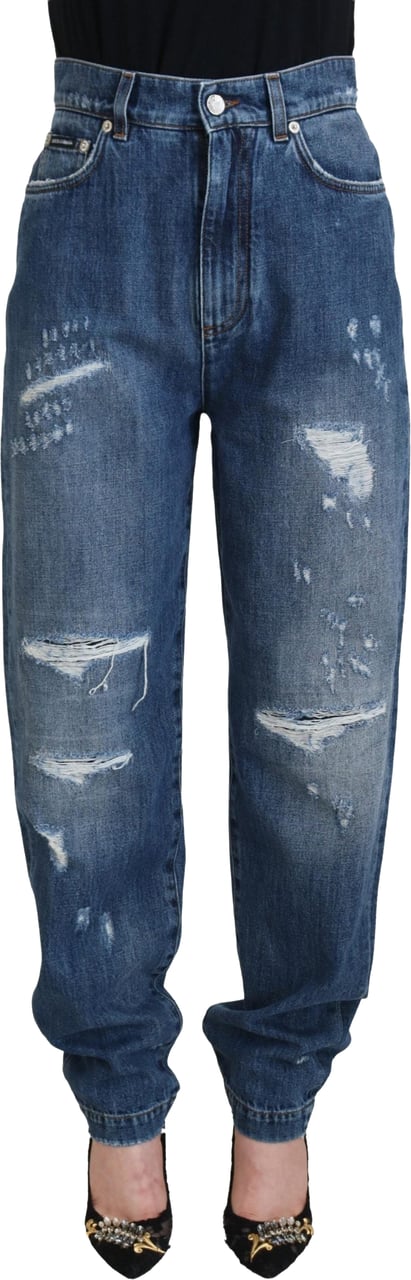Dolce & Gabbana Blue Washed Cotton Tattered Denim Jeans Blauw