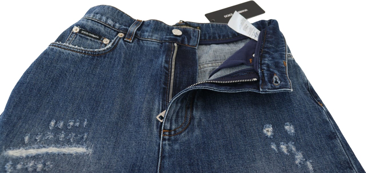 Dolce & Gabbana Blue Washed Cotton Tattered Denim Jeans Blauw