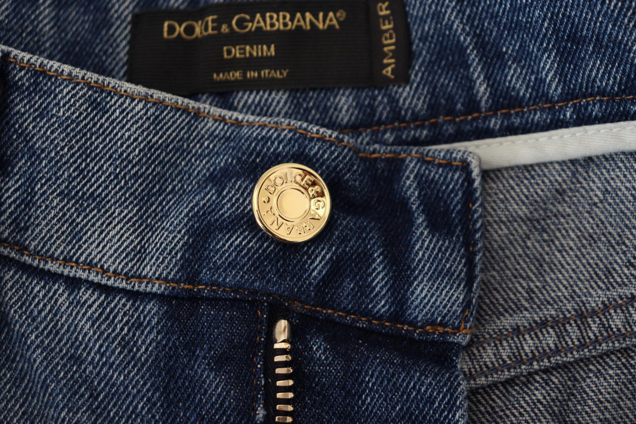 Dolce & Gabbana Blue Tattered Skinny Denim Cotton Jeans Blauw