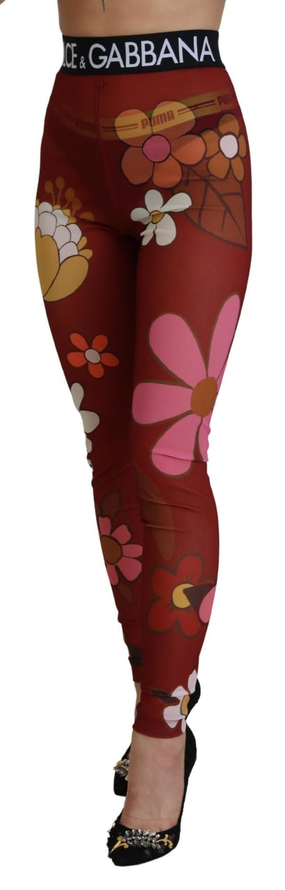 Dolce & Gabbana Red Floral Leggings Stretch Waist Pants Rood
