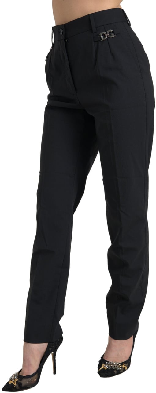 Dolce & Gabbana Black Wool High Waist Tapered Pants Zwart