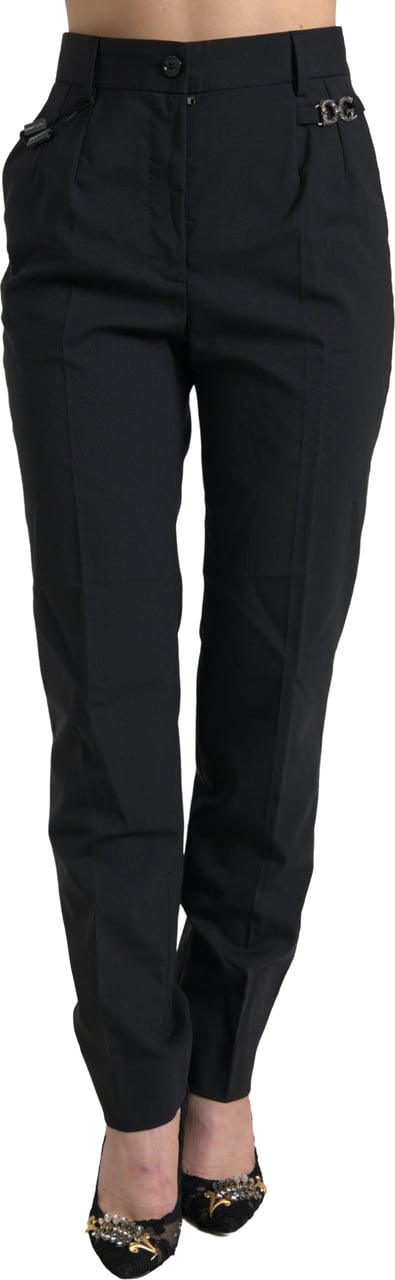 Dolce & Gabbana Black Wool High Waist Tapered Pants Zwart