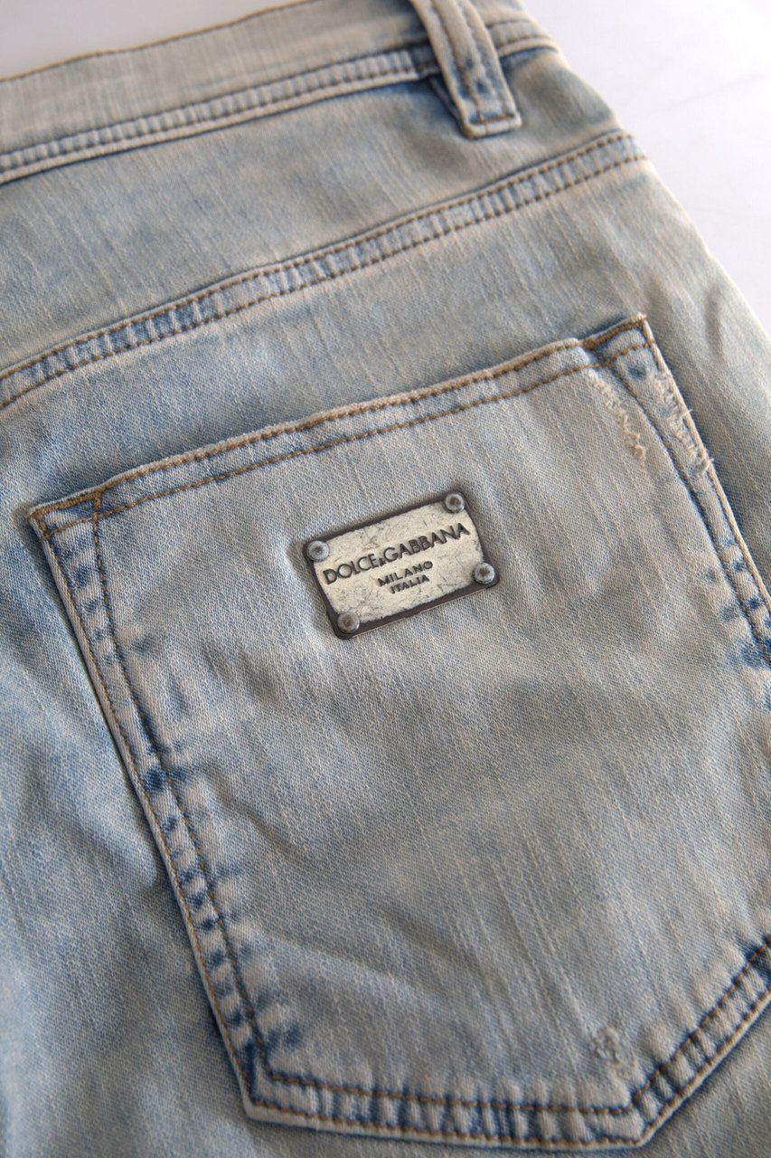 Dolce & Gabbana Blue Washed Cotton Mid Waist Skinny Jeans Blauw