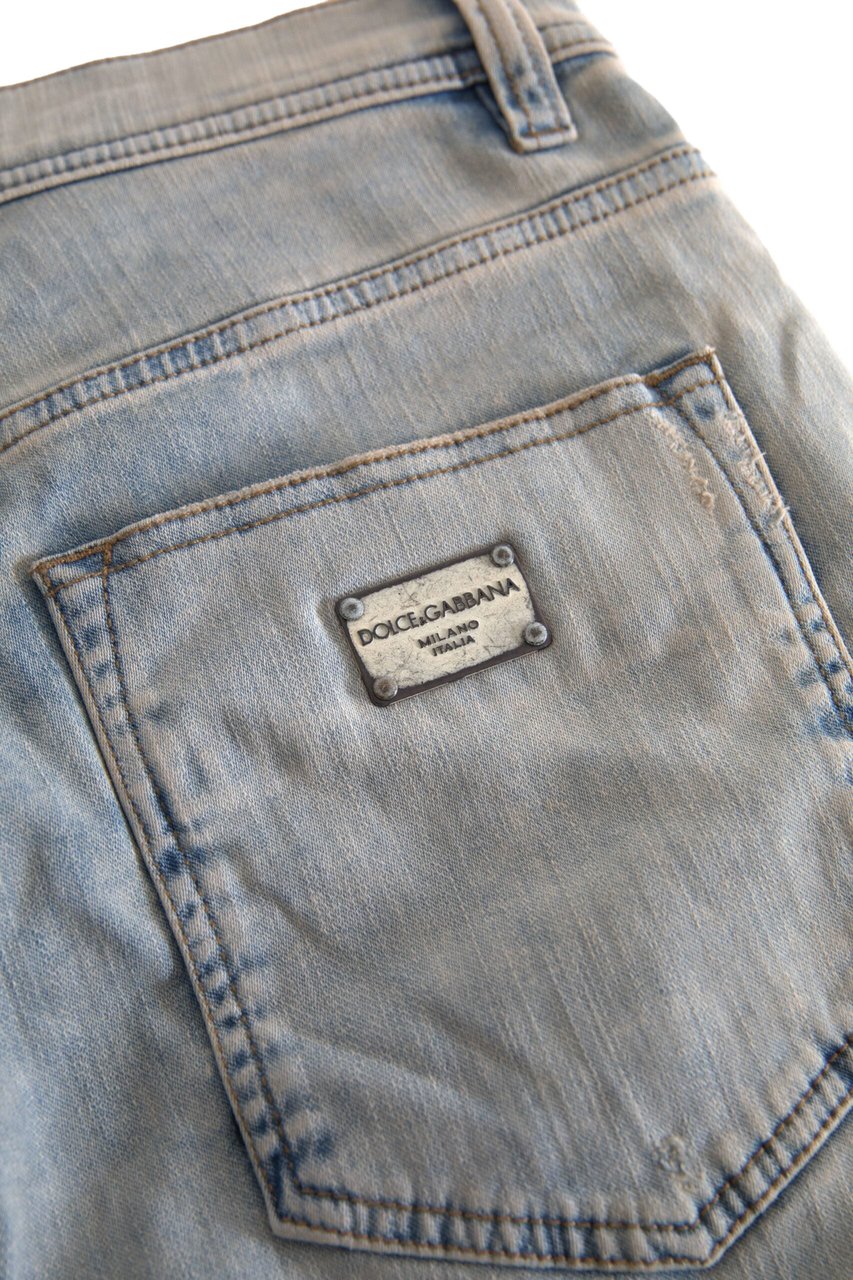 Dolce & Gabbana Blue Washed Cotton Mid Waist Skinny Jeans Blauw