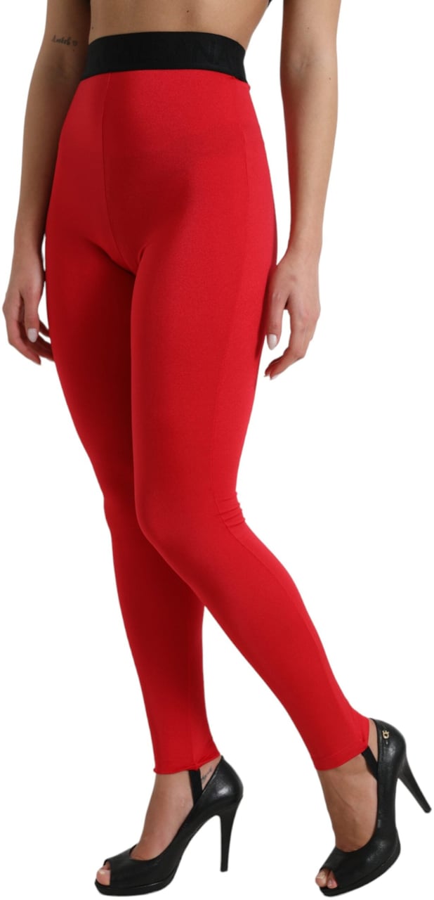 Dolce & Gabbana Red Nylon DG Logo Slim Leggings Pants Rood