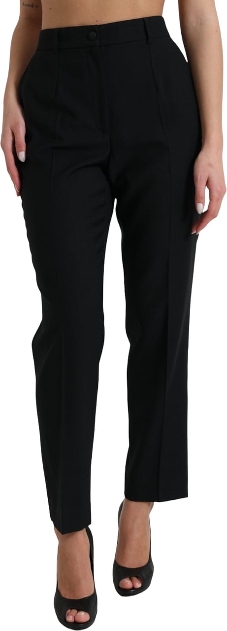 Dolce & Gabbana Black Wool High Waist Straight Pants Zwart