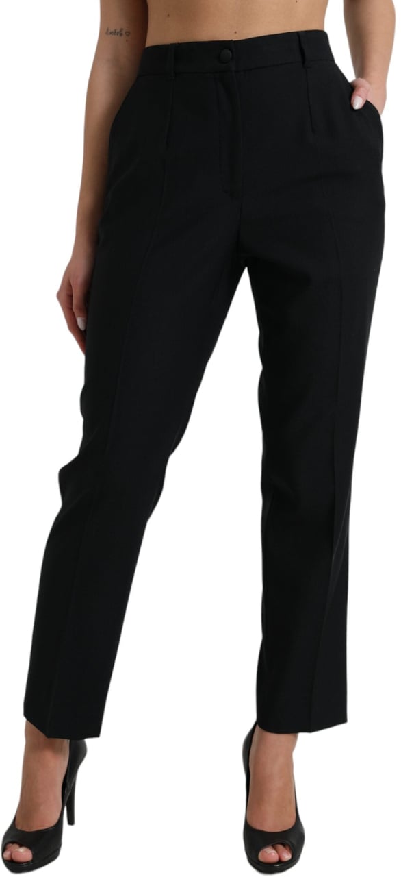Dolce & Gabbana Black Wool High Waist Straight Pants Zwart