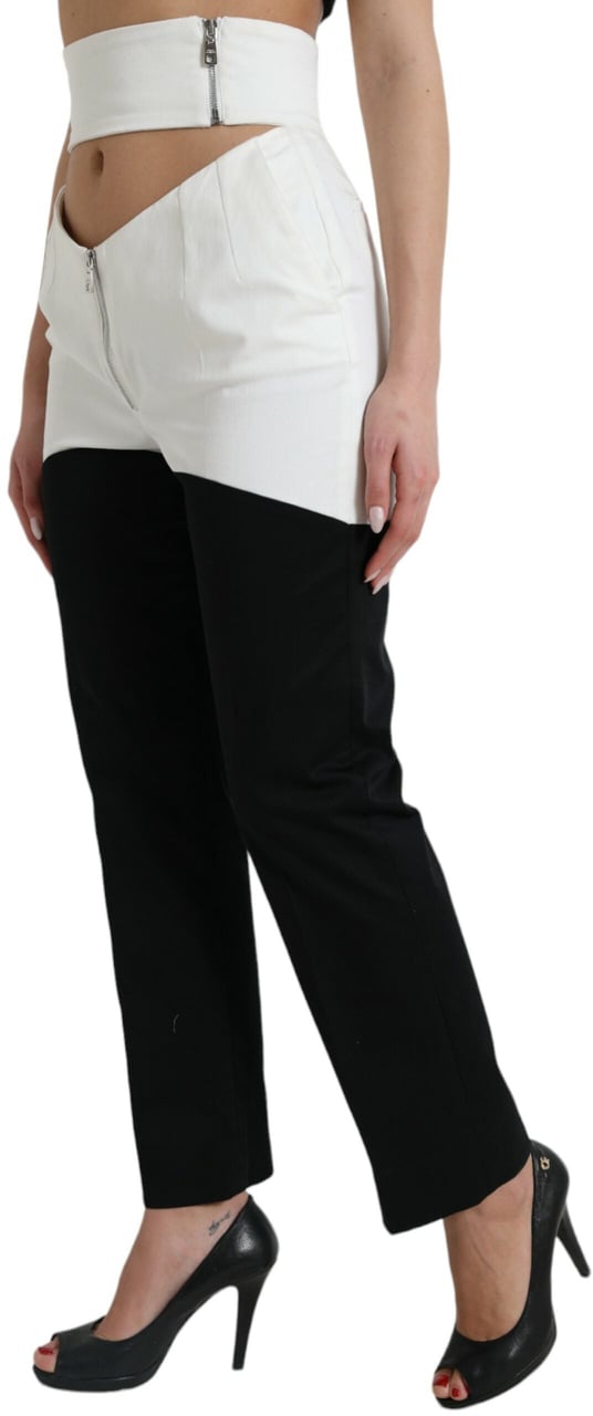 Dolce & Gabbana Black White Cotton Cut Out Waist Tapered Pants Zwart