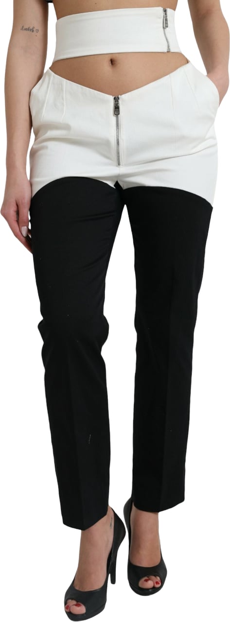 Dolce & Gabbana Black White Cotton Cut Out Waist Tapered Pants Zwart