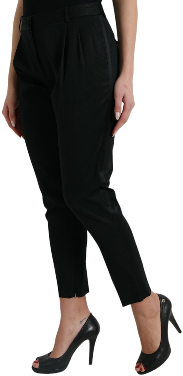 Dolce & Gabbana Black Wool High Waist Cropped Tapered Pants Zwart