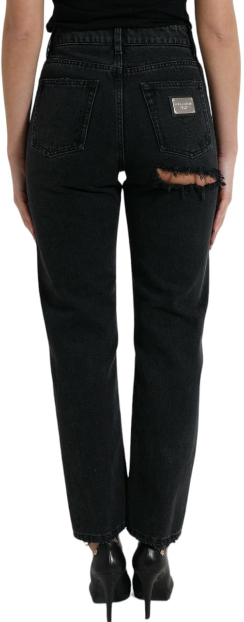 Dolce & Gabbana Black Cotton High Waist Tattered Denim Jeans Zwart
