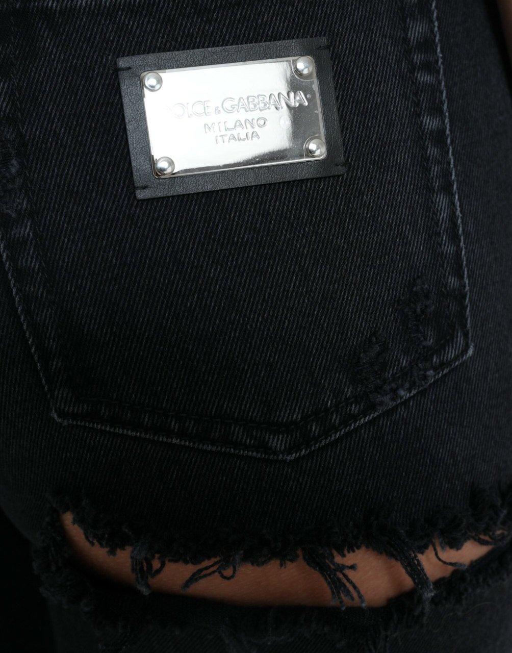 Dolce & Gabbana Black Cotton High Waist Tattered Denim Jeans Zwart