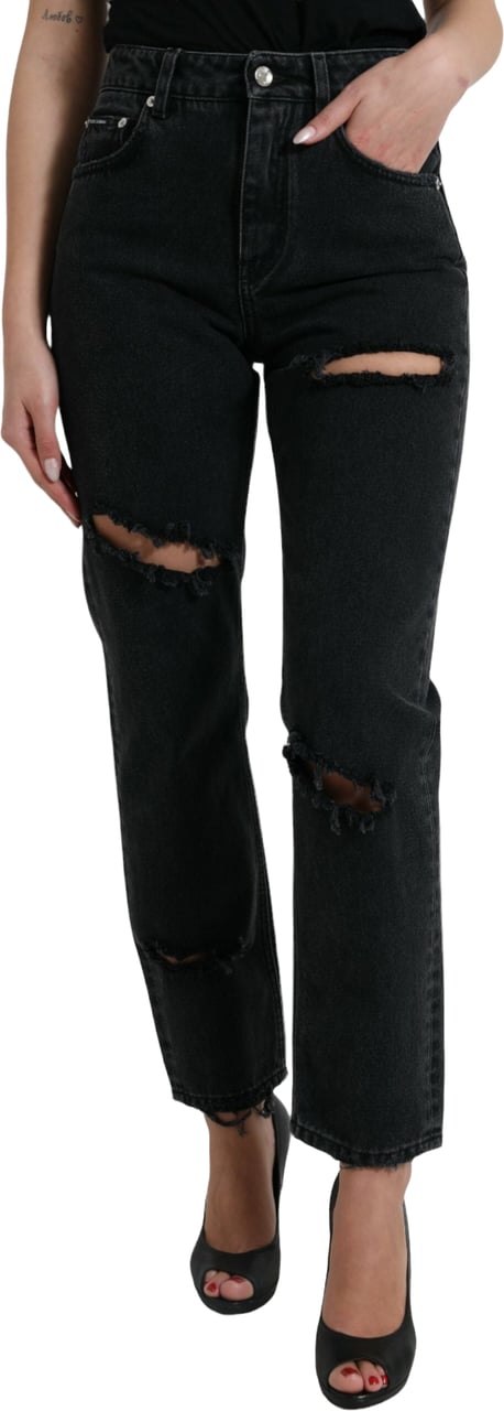 Dolce & Gabbana Black Cotton High Waist Tattered Denim Jeans Zwart