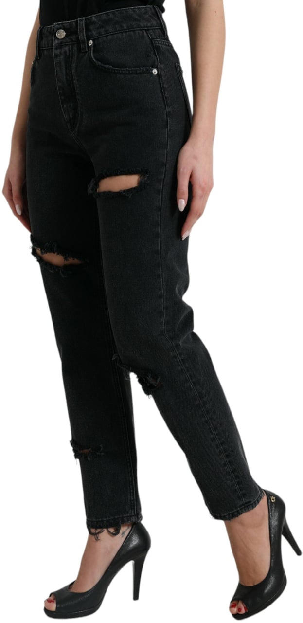 Dolce & Gabbana Black Cotton High Waist Tattered Denim Jeans Zwart
