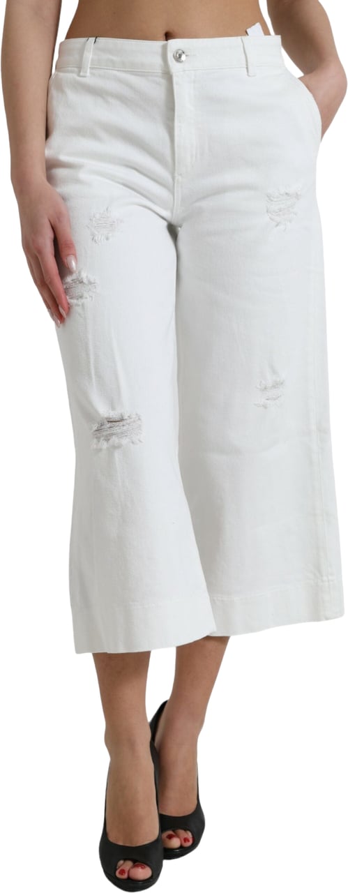 Dolce & Gabbana White Cotton Cropped Wide Leg Denim Jeans Wit