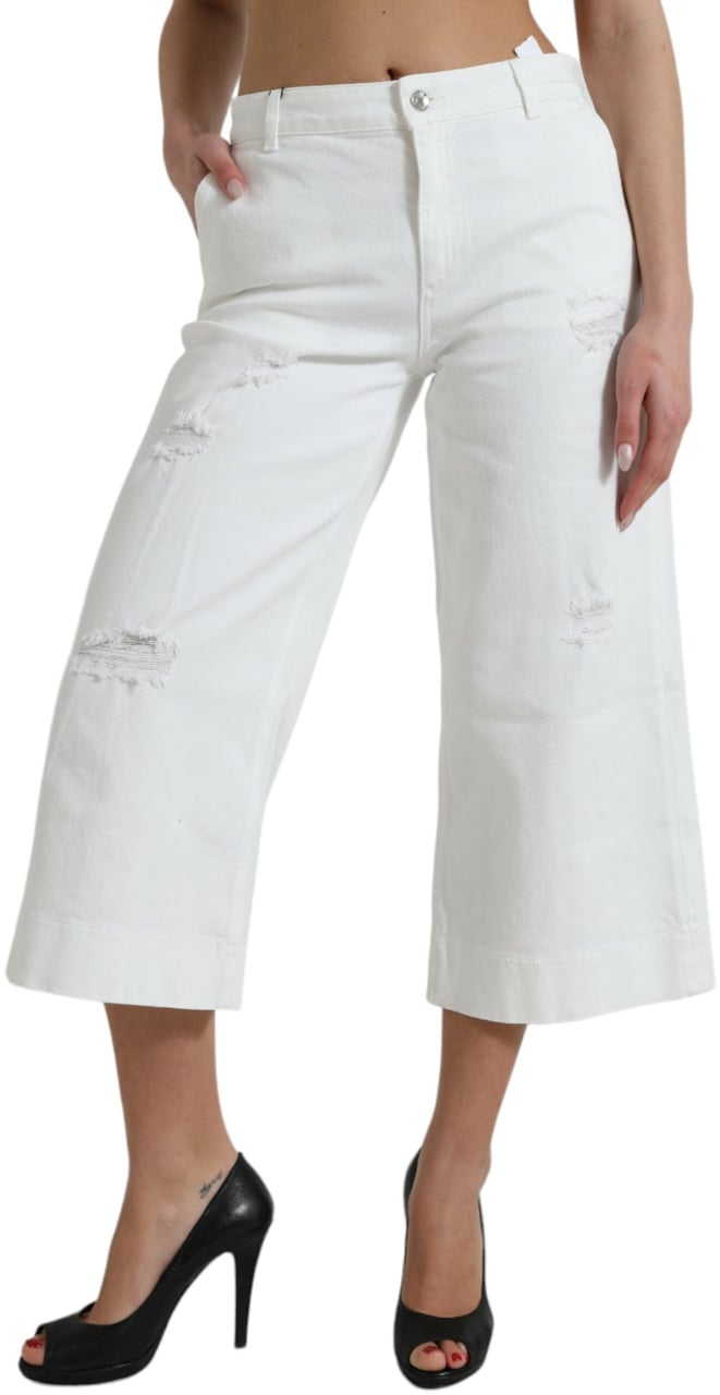 Dolce & Gabbana White Cotton Cropped Wide Leg Denim Jeans Wit