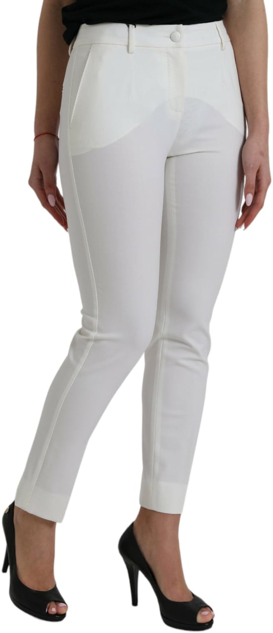 Dolce & Gabbana White Wool Mid Waist Tapered Pants Wit