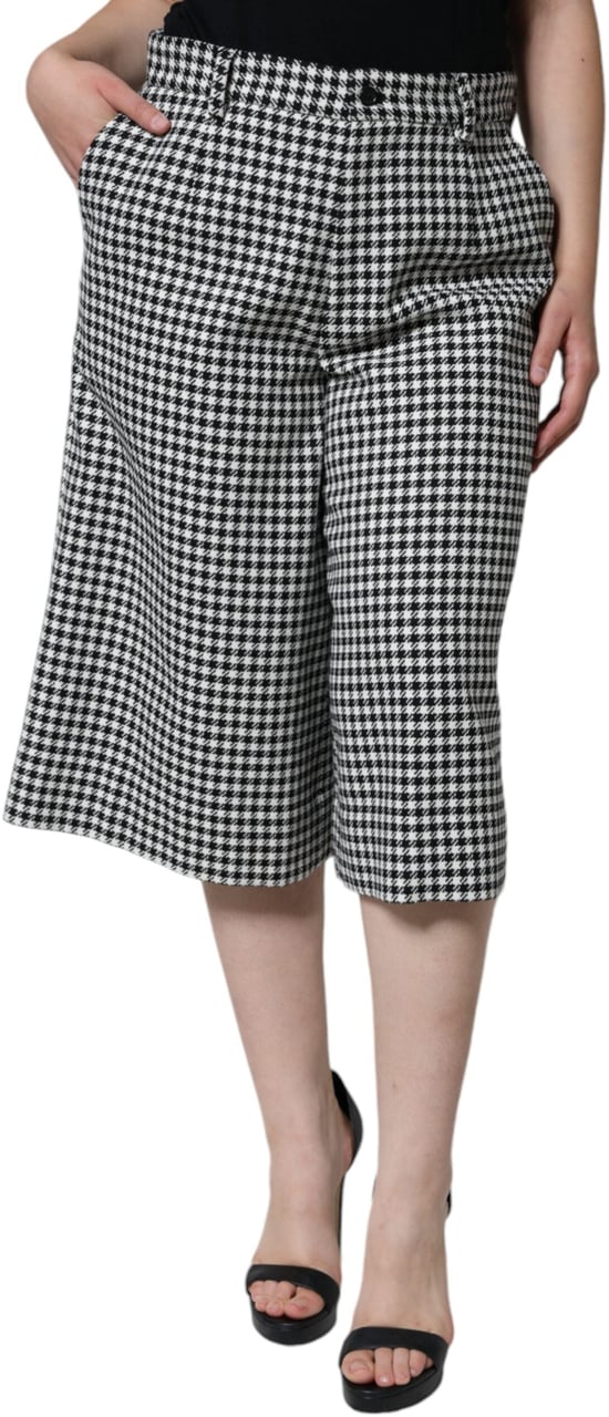 Dolce & Gabbana Black White Houndstooth Cropped Wide Leg Pants Zwart