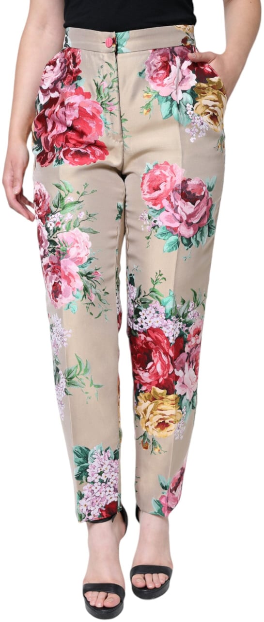 Dolce & Gabbana Beige Floral Jacquard High Waist Tapered Pants Beige