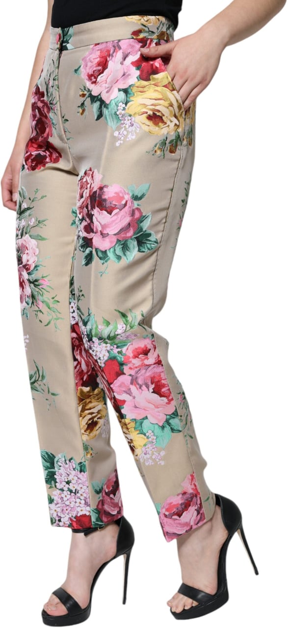 Dolce & Gabbana Beige Floral Jacquard High Waist Tapered Pants Beige