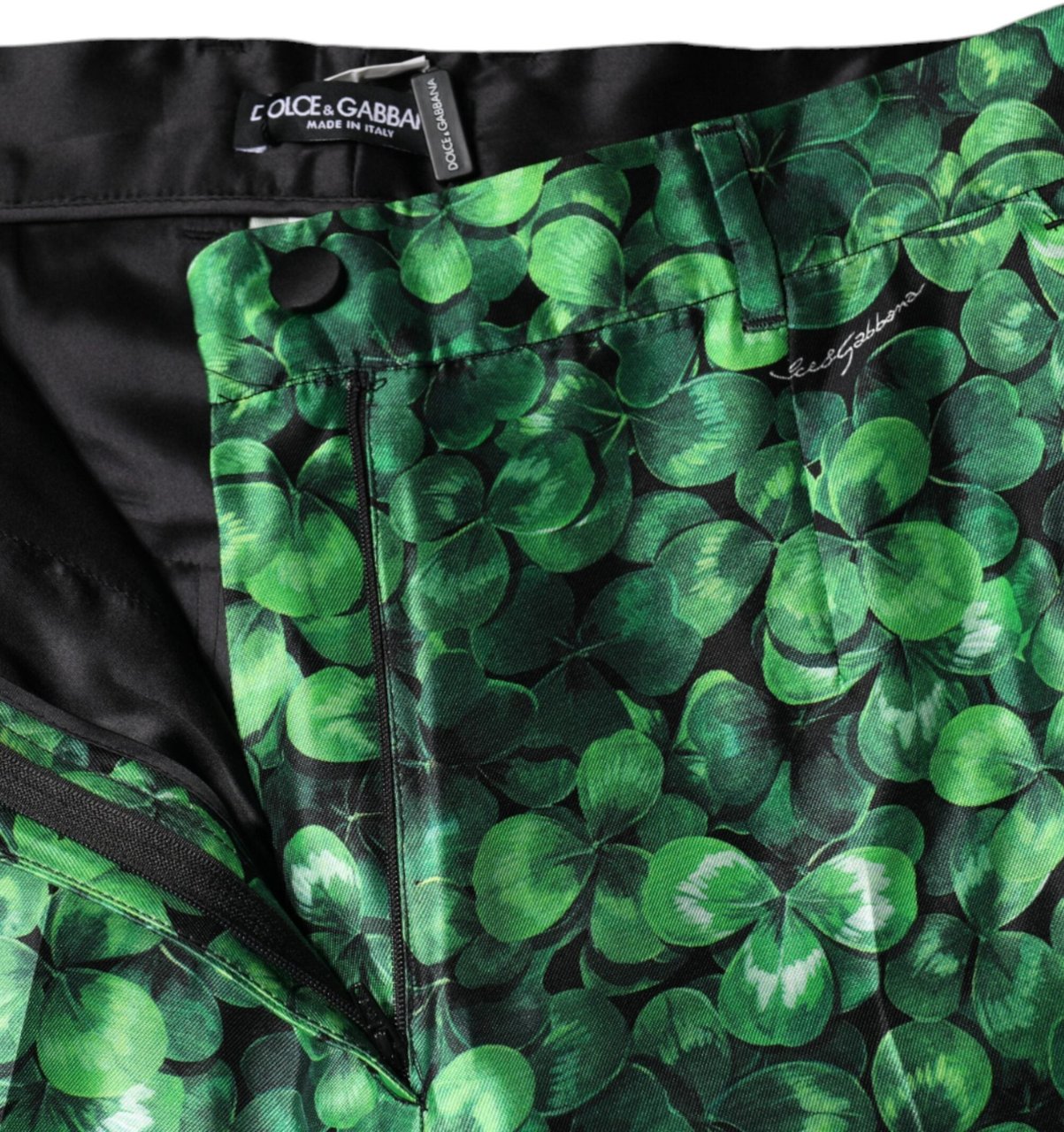 Dolce & Gabbana Green Clover Silk Satin High Waist Tapered Pants Groen