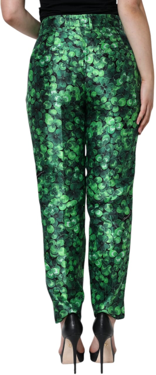 Dolce & Gabbana Green Clover Silk Satin High Waist Tapered Pants Groen