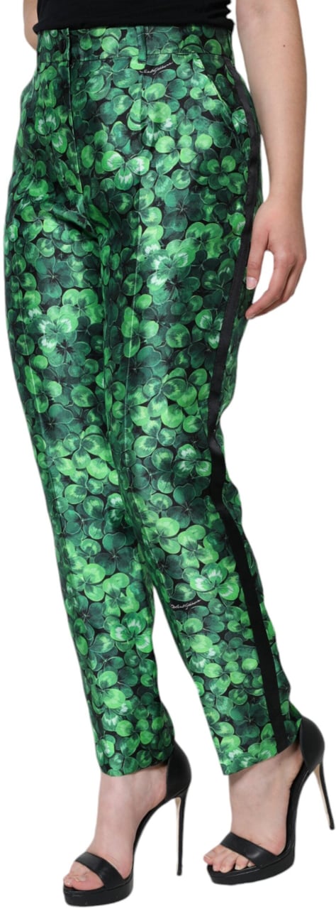 Dolce & Gabbana Green Clover Silk Satin High Waist Tapered Pants Groen