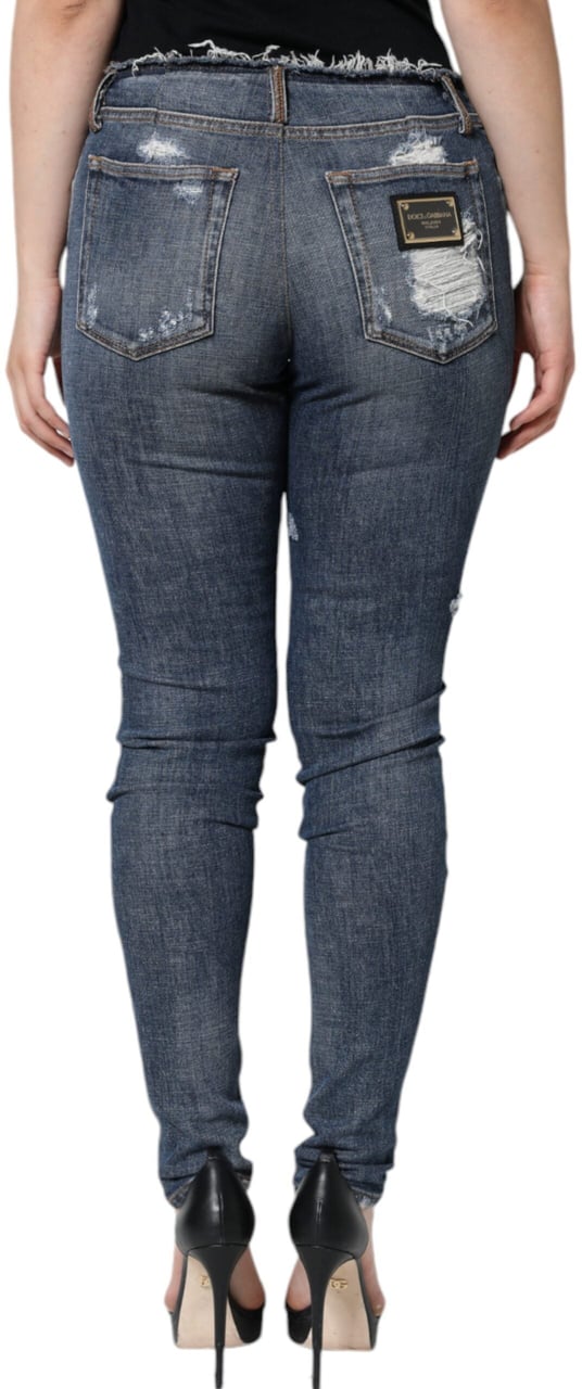Dolce & Gabbana Blue Cotton Stretch Tattered Skinny Jeans Wit