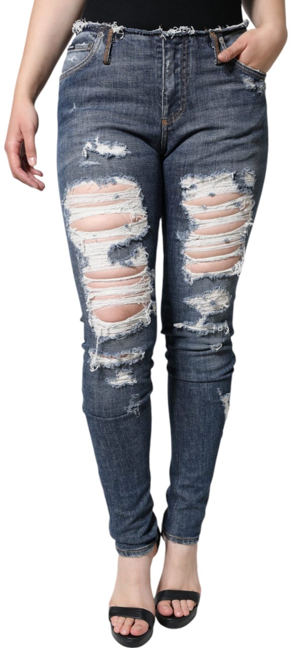 Dolce & Gabbana Blue Cotton Stretch Tattered Skinny Jeans Wit