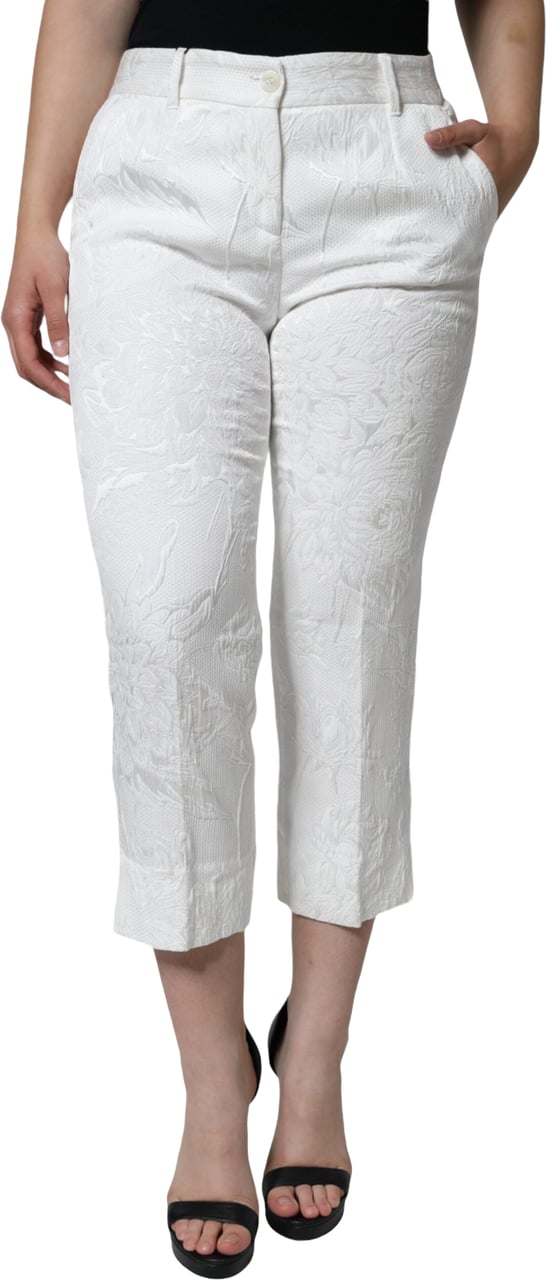 Dolce & Gabbana White Floral Brocade Cotton Cropped Pants Wit