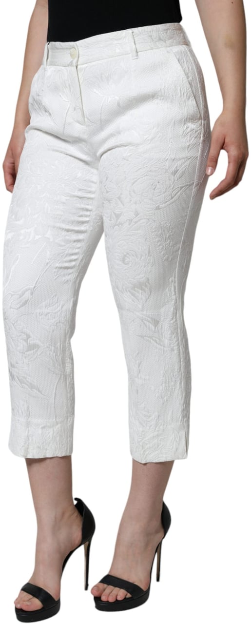 Dolce & Gabbana White Floral Brocade Cotton Cropped Pants Wit