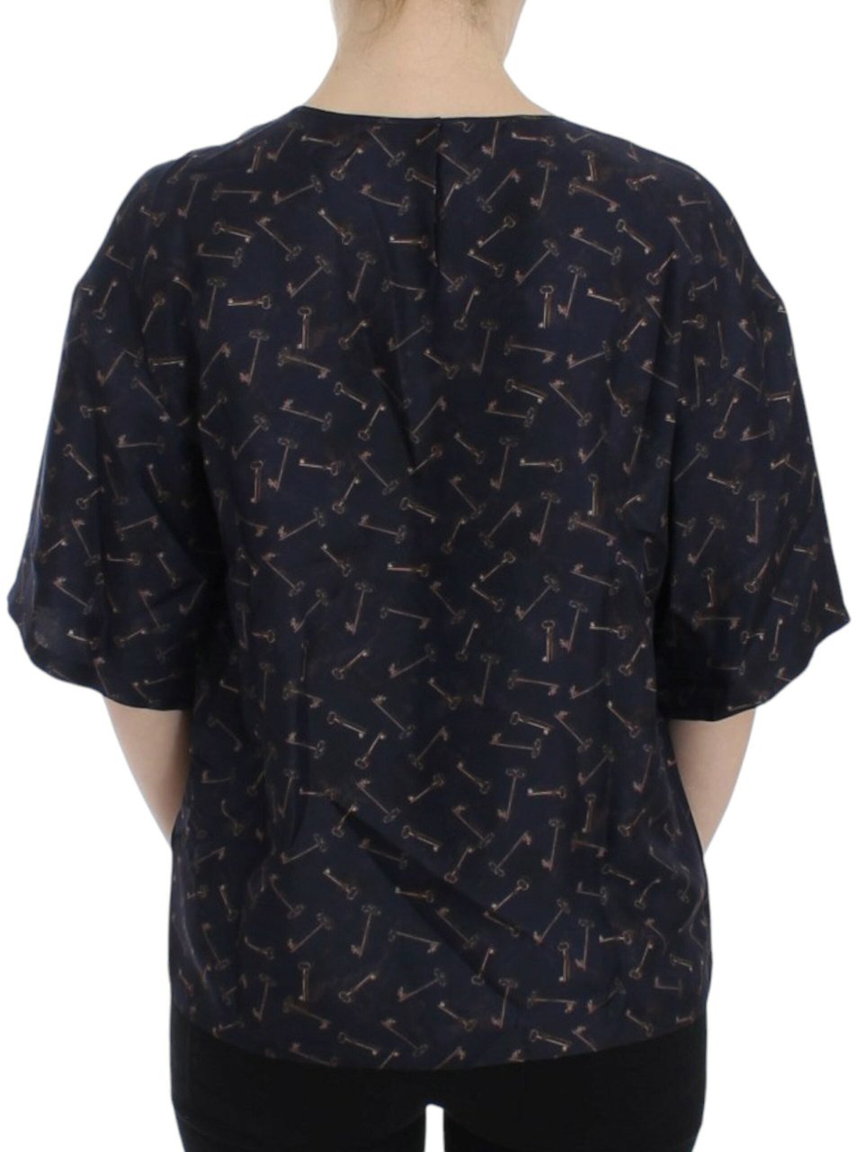 Dolce & Gabbana Blue gold key print silk blouse Blauw