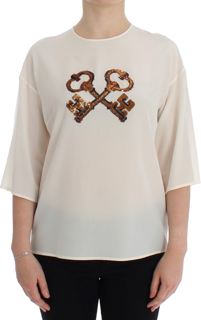 Dolce & Gabbana White Sequined Key Silk Blouse T-shirt Top Wit
