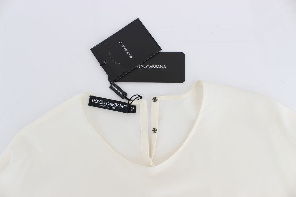 Dolce & Gabbana White Sequined Key Silk Blouse T-shirt Top Wit