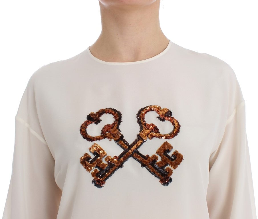 Dolce & Gabbana White Sequined Key Silk Blouse T-shirt Top Wit