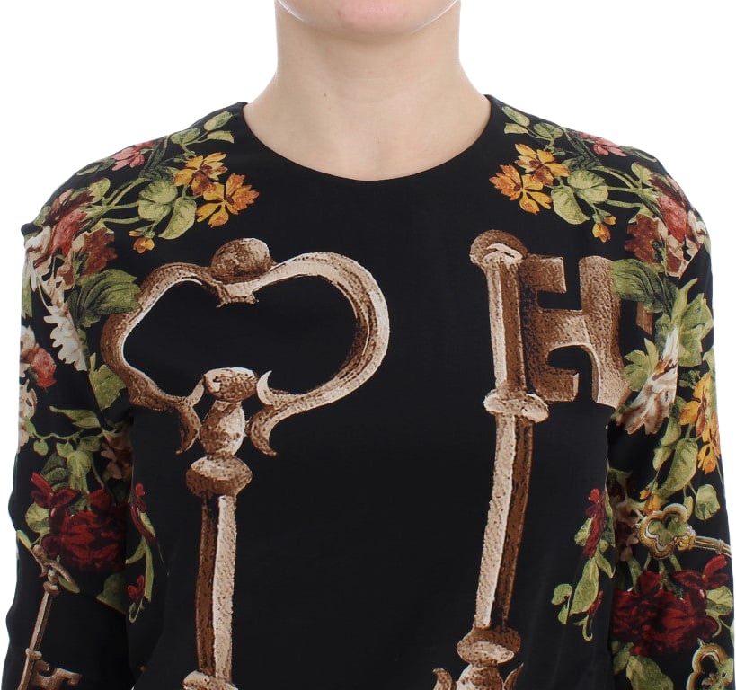 Dolce & Gabbana Black Key Floral Print Silk Blouse Top Zwart