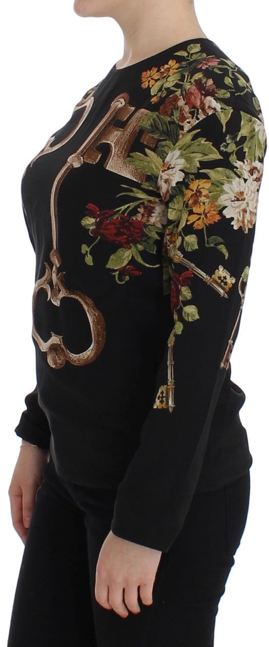 Dolce & Gabbana Black Key Floral Print Silk Blouse Top Zwart
