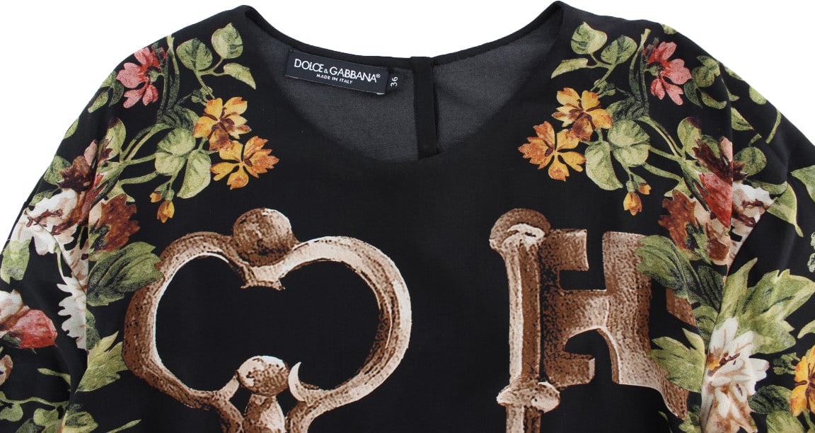 Dolce & Gabbana Black Key Floral Print Silk Blouse Top Zwart