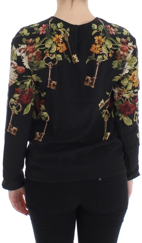Dolce & Gabbana Black Key Floral Print Silk Blouse Top Zwart