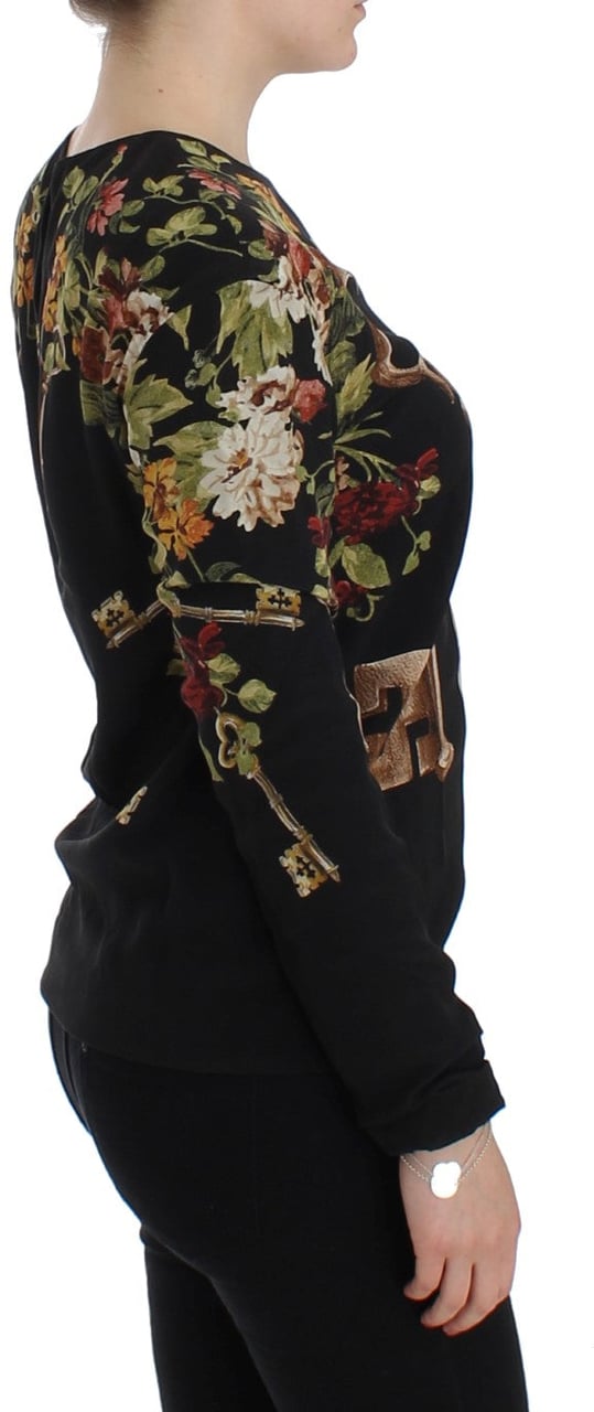 Dolce & Gabbana Black Key Floral Print Silk Blouse Top Zwart