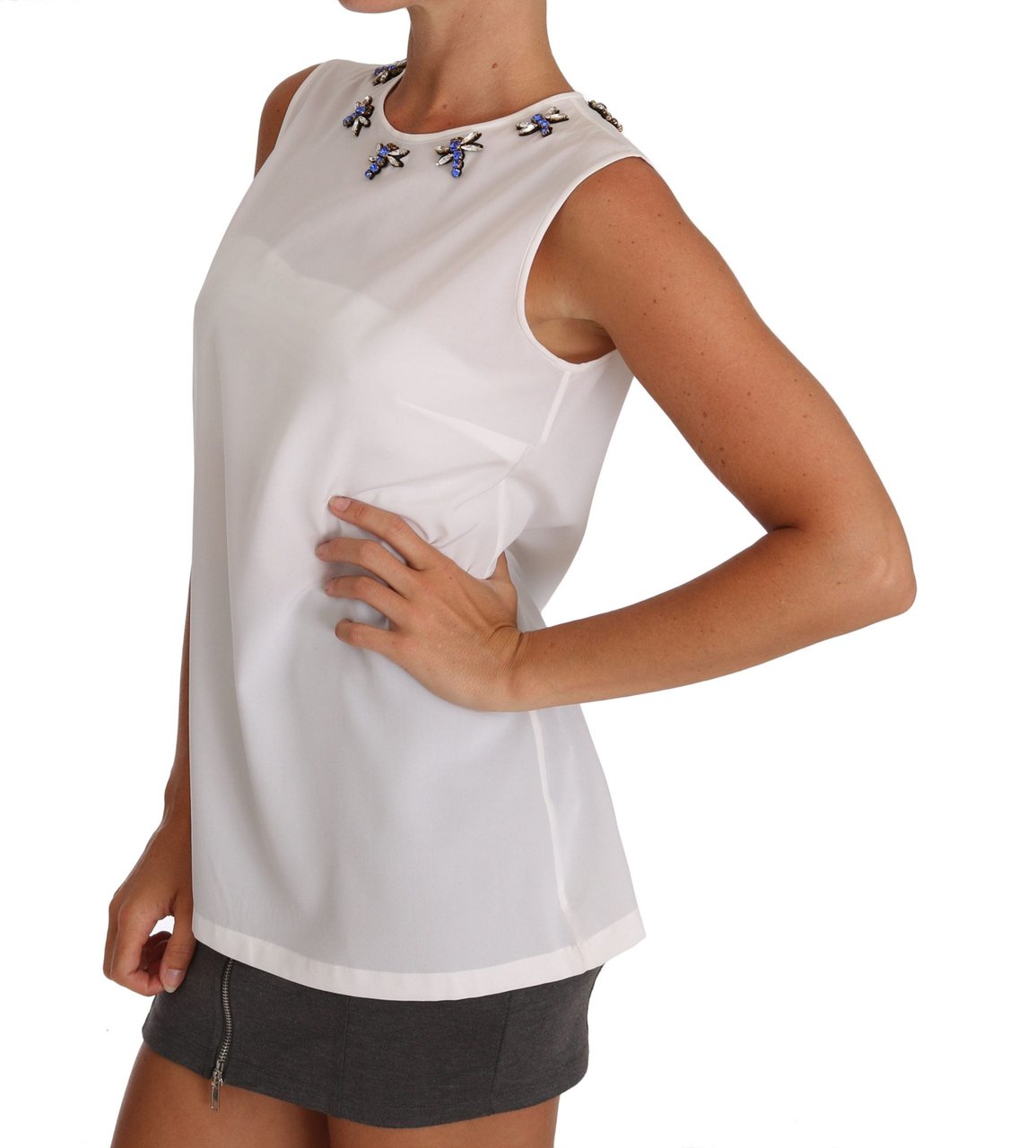 Dolce & Gabbana White Silk Crystal Embellished Fly T-shirt Wit
