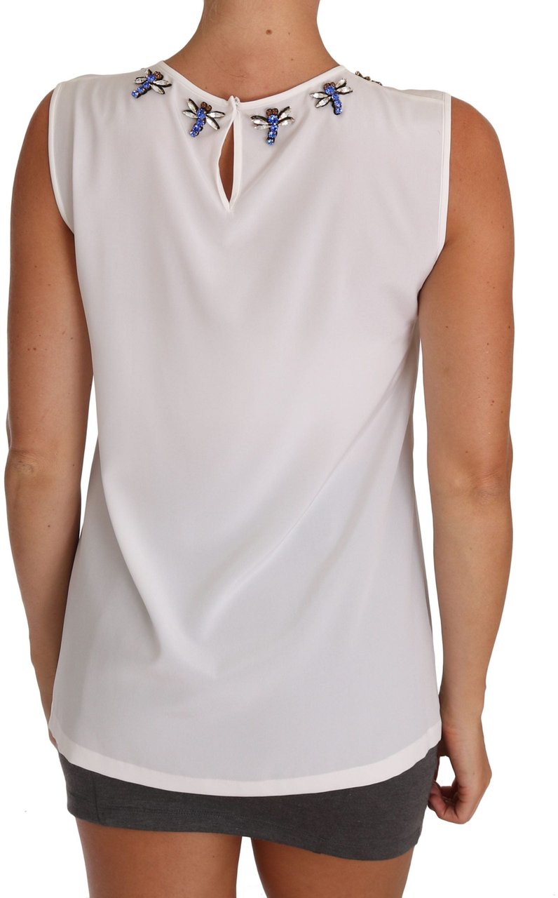 Dolce & Gabbana White Silk Crystal Embellished Fly T-shirt Wit