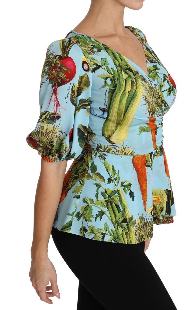 Dolce & Gabbana Multicolor Vegetable Print Silk Top Peplum Wrap Blouse Divers