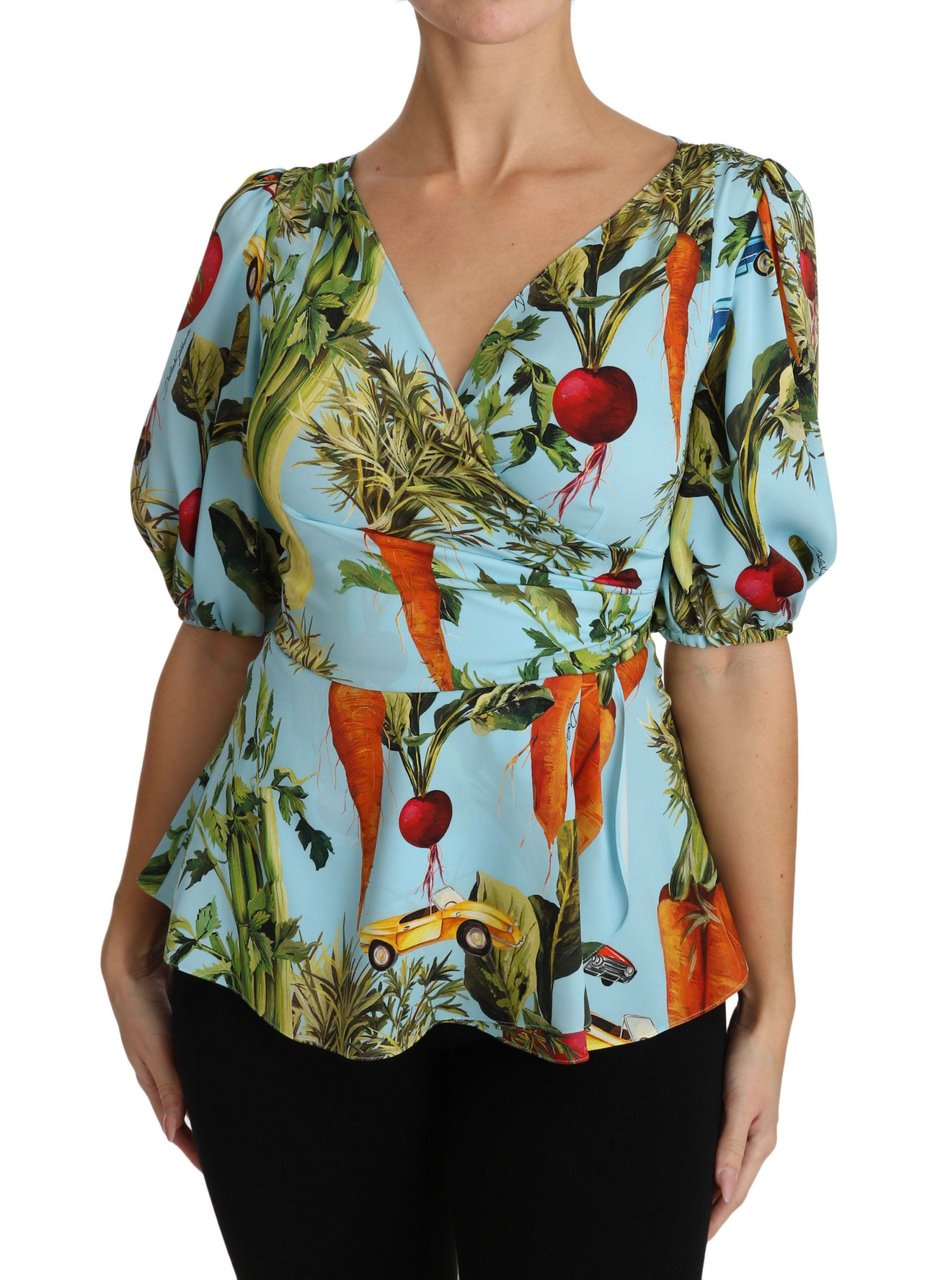 Dolce & Gabbana Multicolor Vegetable Print Silk Top Peplum Wrap Blouse Divers