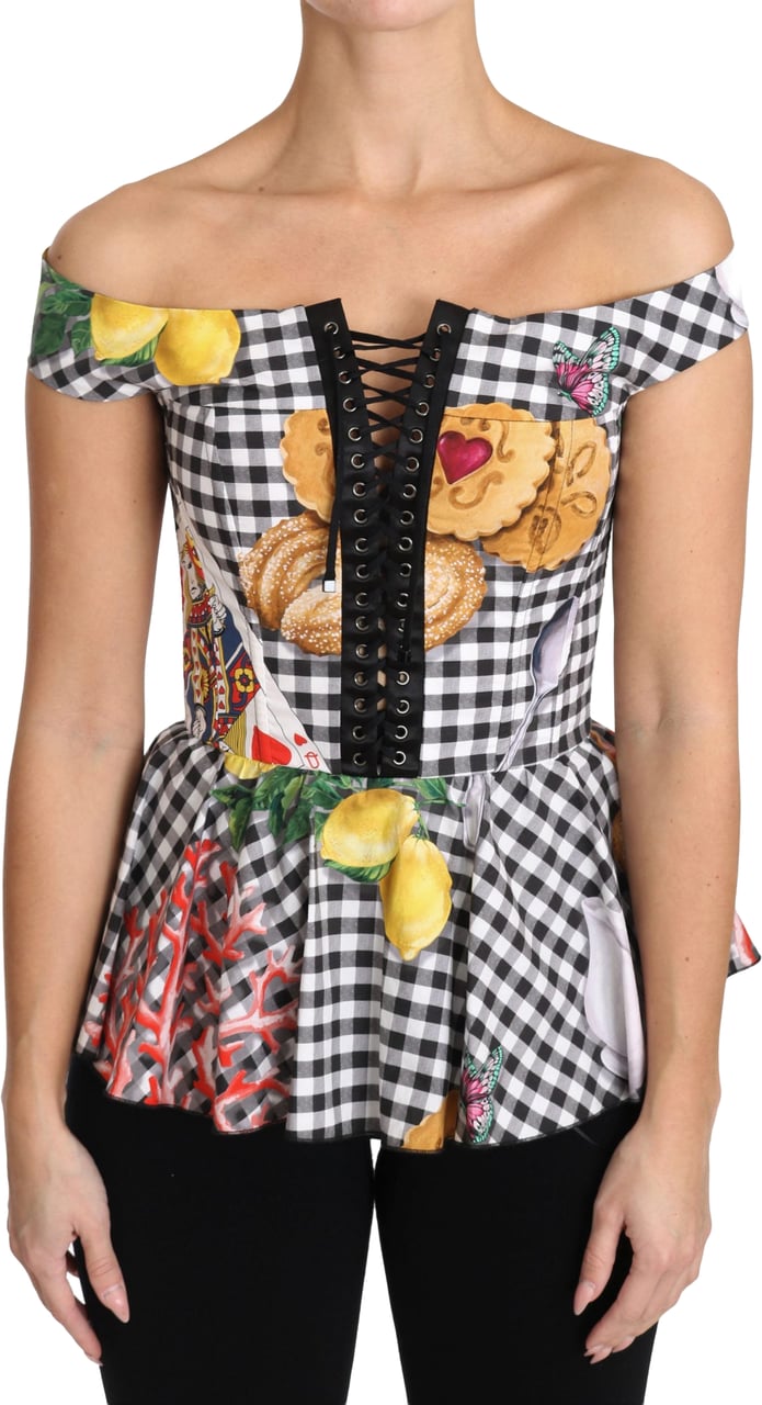 Dolce & Gabbana Black and White Corset Blouse Sicily Lemon Check Top Goud