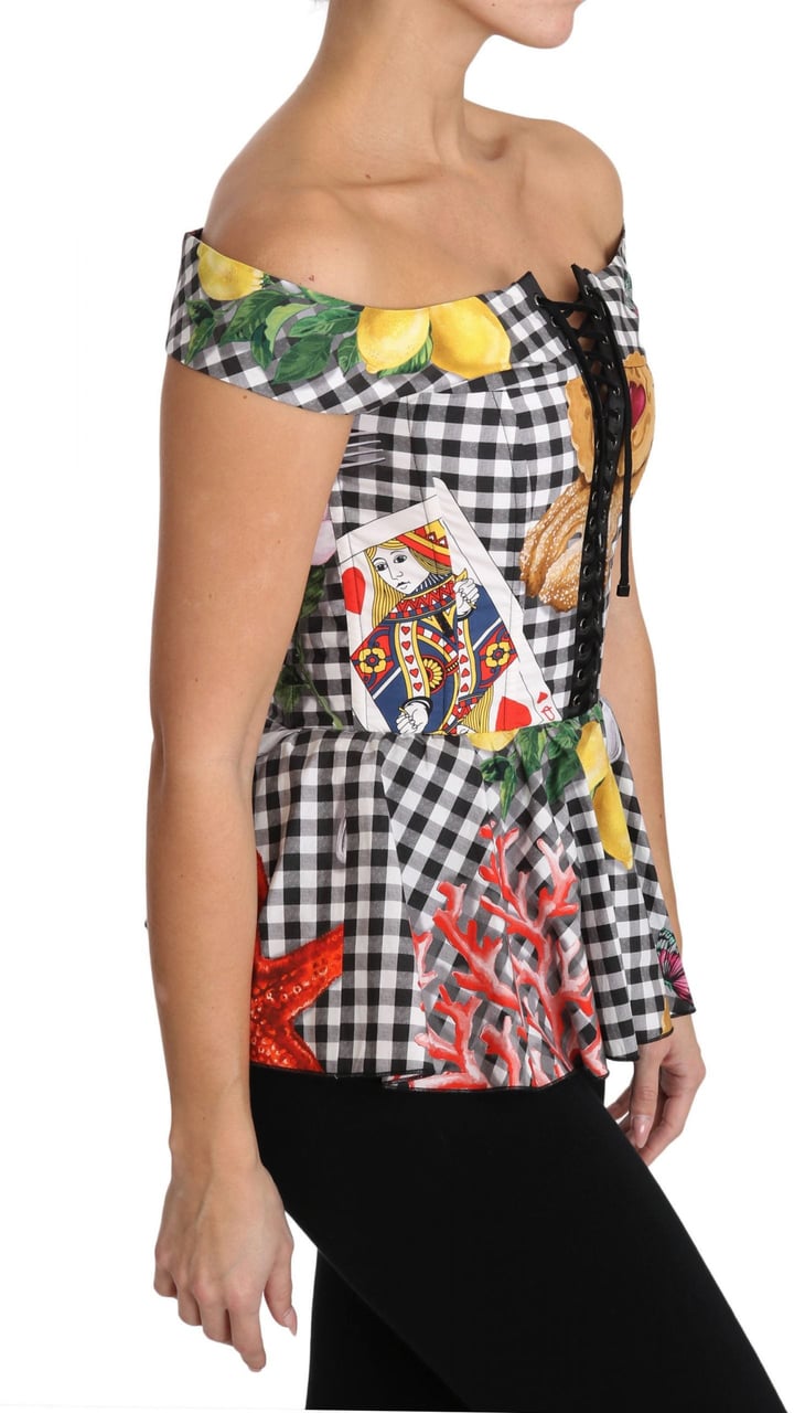 Dolce & Gabbana Black and White Corset Blouse Sicily Lemon Check Top Goud
